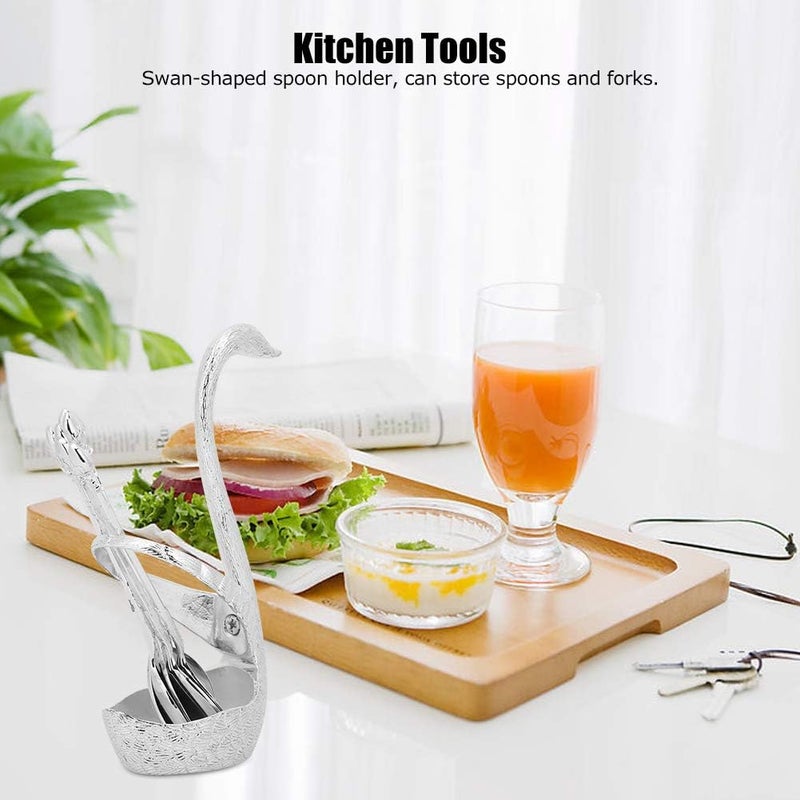 Zinc Alloy Dessert Spoons Set, Gold 6 Pieces with Swan - Shaped Holder, Wear - Tableware - Durable, Decorative, Ideal for Kitchen and Wedding Supplies (Pattern silver with 6 spoons) - Image 3
