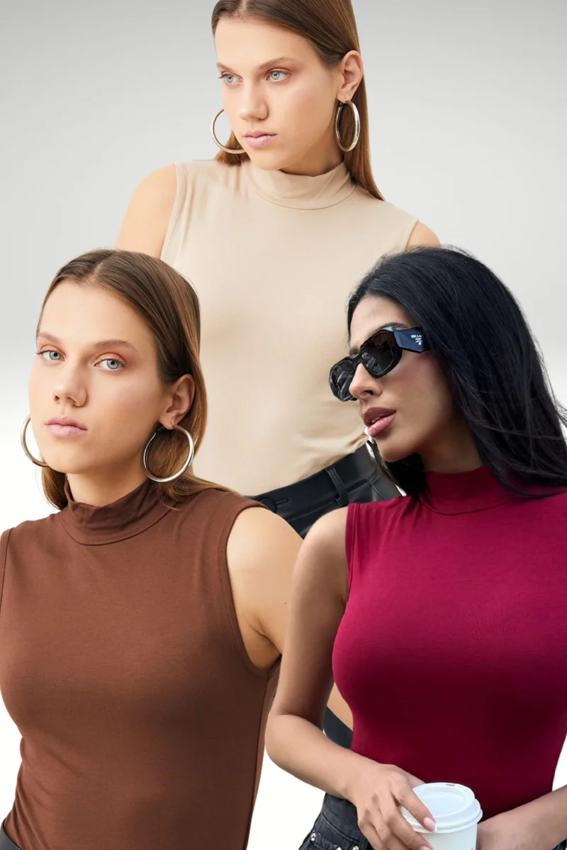بيبانتولون BIPANTOLON Women's 3-Pack Ribbed Half Turtleneck Bodysuits