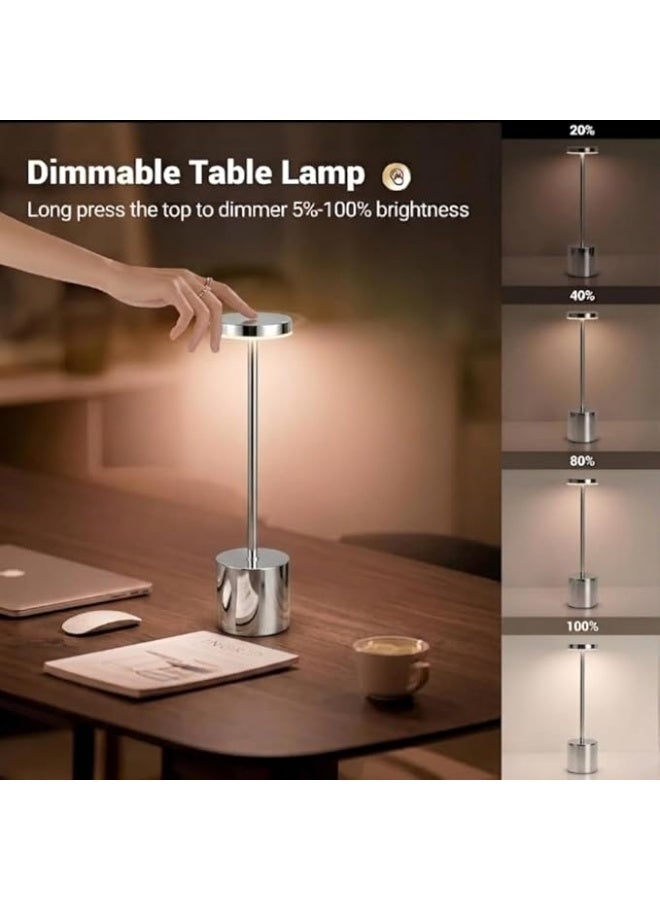 Zentora LED Table Lamp, Rechargeable Battery Operated, Touch Control, 3 Color Stepless Dimmable Desk Light, Modern Nightstand Bedside Lamp (SLIVER)) - Image 4