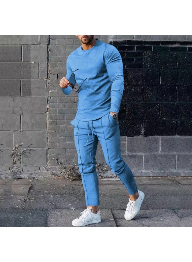 Men's Casual Long Sleeve T-Shirt And Pants Set round Neck Spring Two-Piece Pure Color Comfortable Lightweight Outfit - Image 1