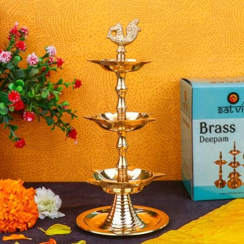 CRAFTSMAN SATVIK Standing Brass Kerala Samai Diwali Deepak for Puja Traditional Panchmahal Pooja Deepam Diya Oil Lamp Kutthu Vilakku Dia 3 in 1 Step Adjustable 85 inch Deepawali Indian Gift Item - Image 3