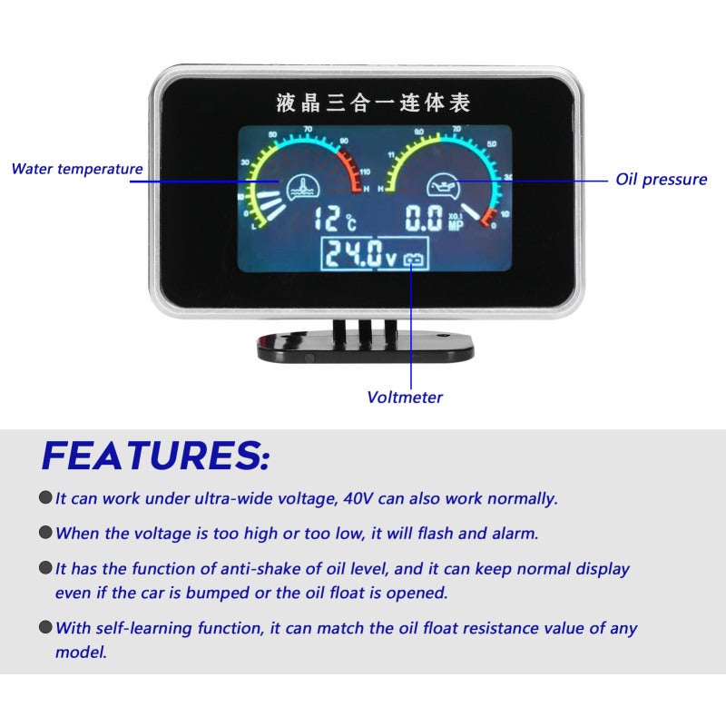 3-In-1 Car Instrument Black LCD Digital Meter - Ultra-Wide 9-36V Voltage With Flash Alarm Anti-Shake Function For Cars Trucks RVs SUVs - Image 3
