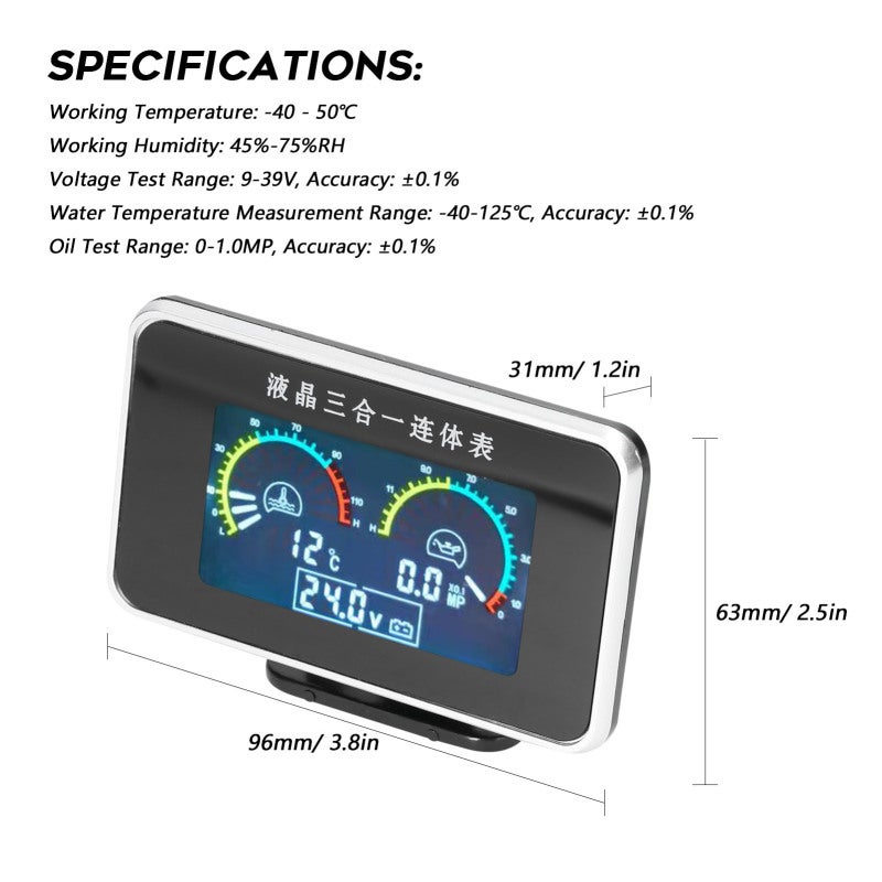 3-In-1 Car Instrument Black LCD Digital Meter - Ultra-Wide 9-36V Voltage With Flash Alarm Anti-Shake Function For Cars Trucks RVs SUVs - Image 4