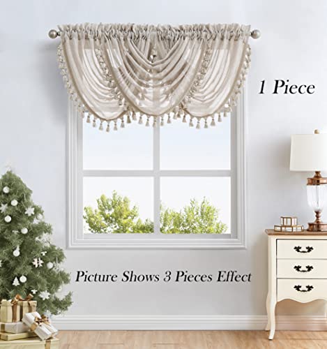 Central Park Linen Waterfall Valance Window Curtain Linen Texture White GEO Embroidery Rod Pocket for Living and Bedroom Semi Sheer Kitchen Curtain, 56"x38", 1 Piece - Image 2