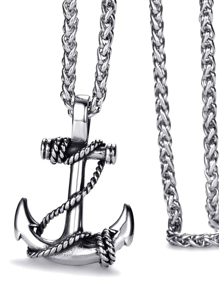 قلادة رجالية بتصميم مرساة بحرية سلسلة من الفولاذ المقاوم للصدأ مع تفاصيل حبل - Image 2