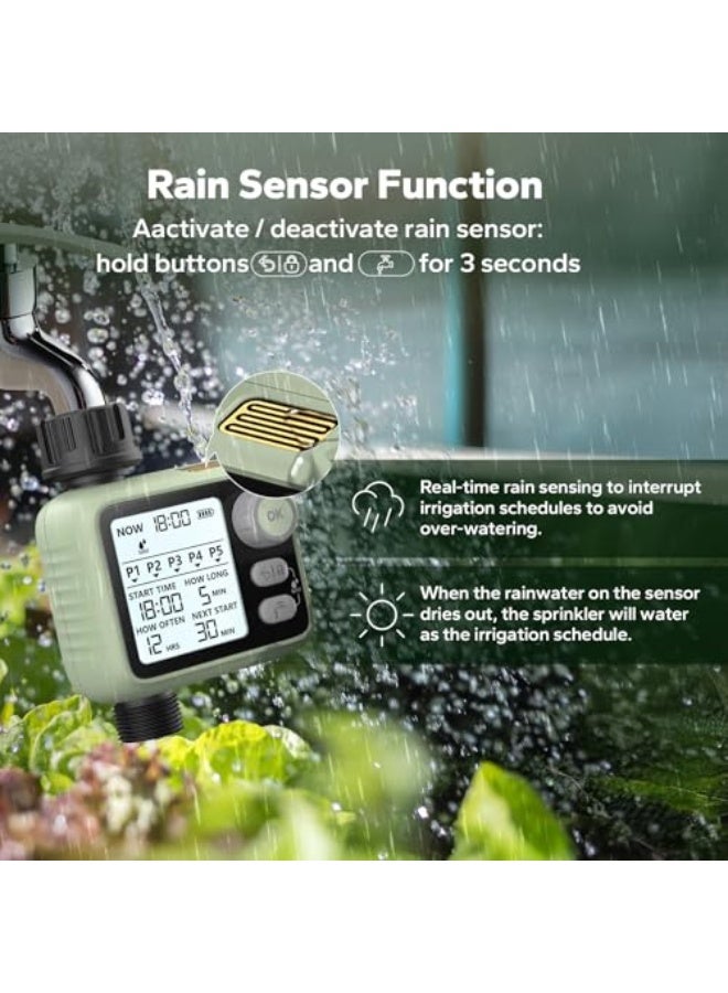 Outdoor Watering Timer with 5 Separate Watering Irrigation Programs for Garden Hose Faucet, Programmable Hose Timer with LCD Display/Rain Sensing/Child Lock Mode/AutoManual Mode/IPX5 Waterproof - Image 3