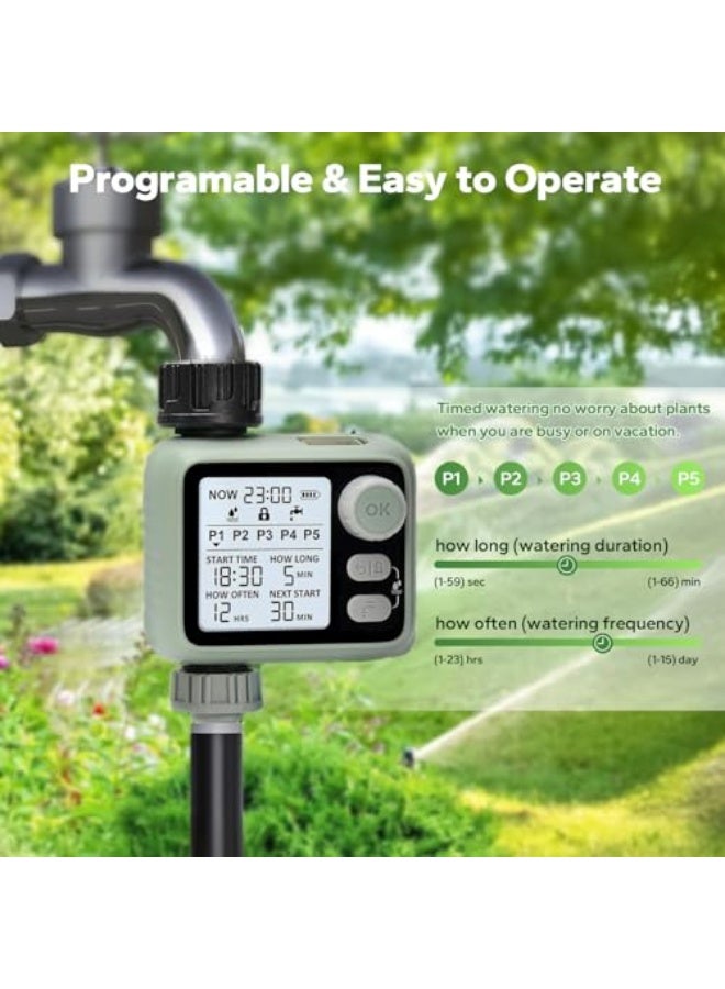 Outdoor Watering Timer with 5 Separate Watering Irrigation Programs for Garden Hose Faucet, Programmable Hose Timer with LCD Display/Rain Sensing/Child Lock Mode/AutoManual Mode/IPX5 Waterproof - Image 4