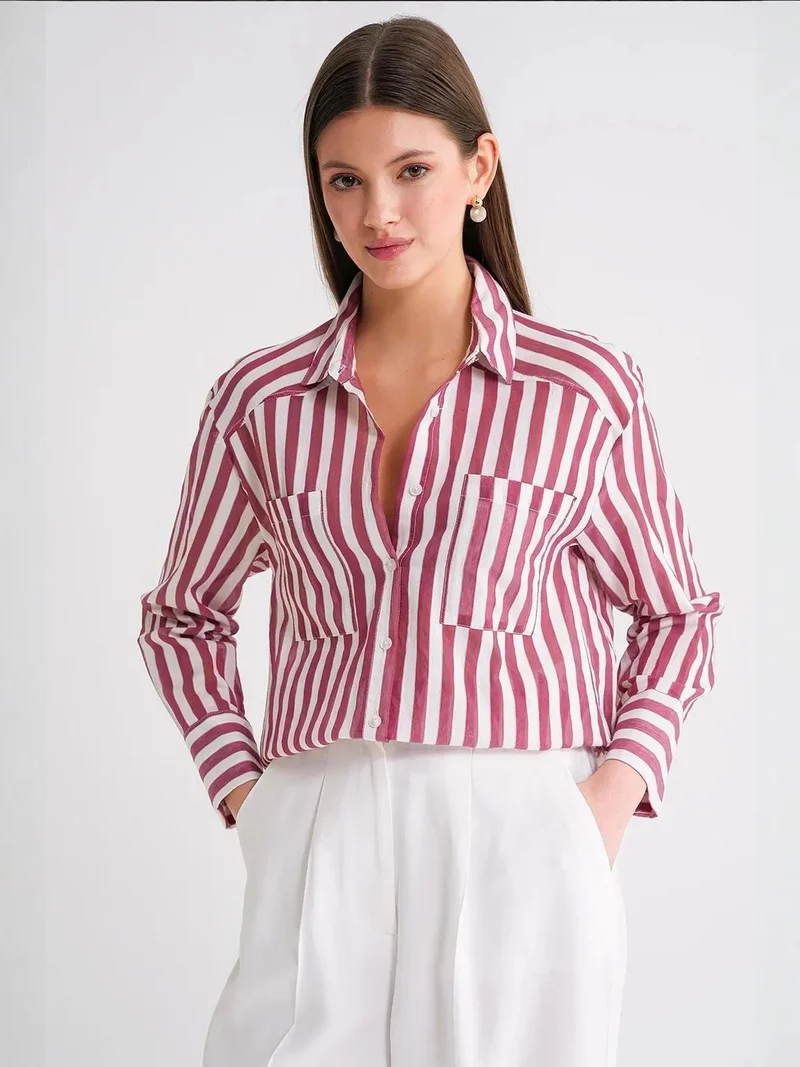 MixRay Burgundy Red Mixray Striped Poplin Shirt with Pocket for Women | Best Price UAE