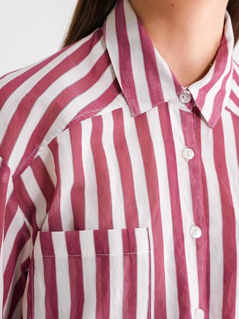 MixRay Burgundy Red Mixray Striped Poplin Shirt with Pocket for Women | Best Price UAE