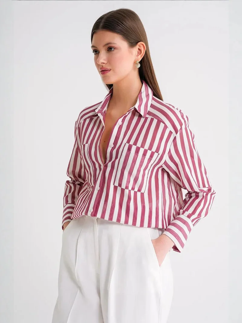MixRay Burgundy Red Mixray Striped Poplin Shirt with Pocket for Women | Best Price UAE