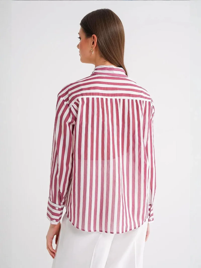 MixRay Burgundy Red Mixray Striped Poplin Shirt with Pocket for Women | Best Price UAE