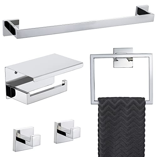 TNOMS Bathroom Towel Bar Set Toilet Paper Holder with Shelf, Polished Chrome Bathroom Accessories Set, 23.6 Inch Towel Bar Towel Ring Towel Hook 5-Piece Bathroom Hardware Set - Image 1