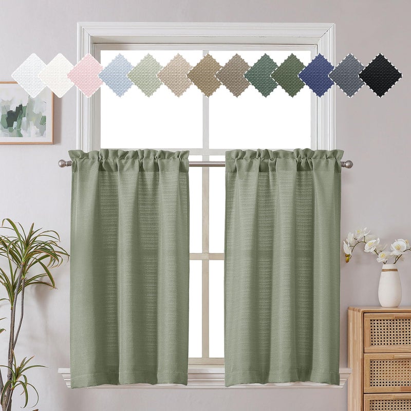 Chyhomenyc Bennet Light Green Kitchen Curtains Tier 36 Inch Length, Faux Linen Textured Small Cafe Curtains, Light Filtering Short Window Curtains for Porch Bathroom, 30x36 inch, 2 PCS - Image 1
