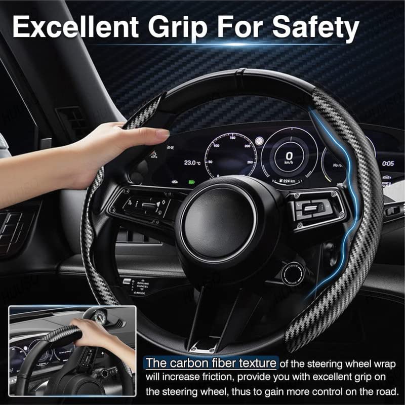 HUUSO Carbon Fiber Leather Black Steering Wheel Cover, Anti Skid Wheel Protector, Steering Wheel Booster Compatible with Toyota Innova Hycross (2022) - Image 3