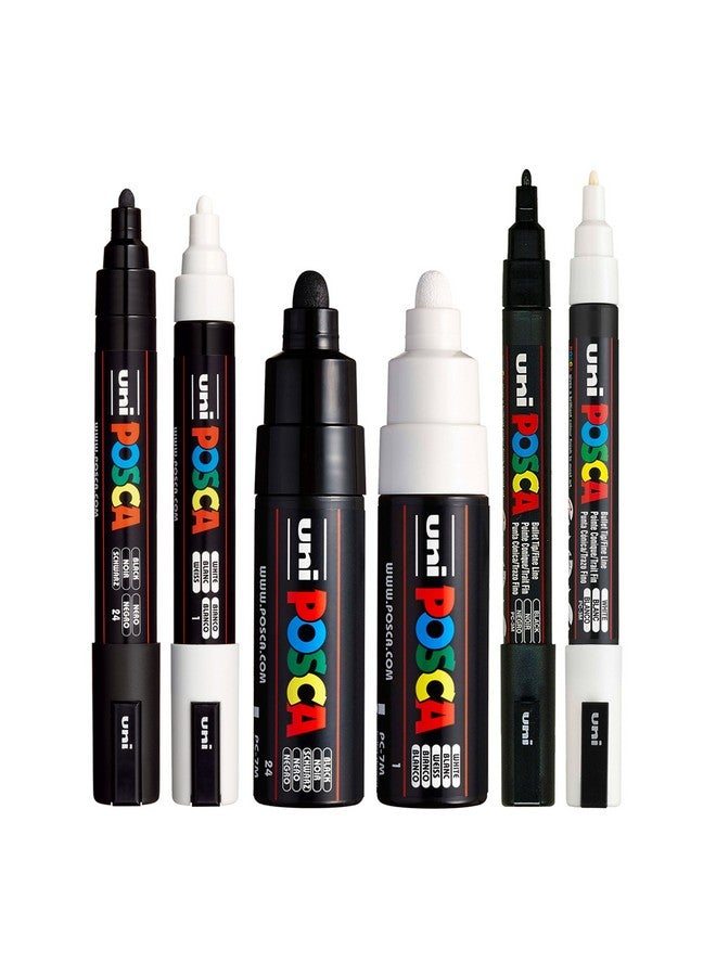POSCA Black & White Bullet Tip - Set Of 6 Pens (Pc-5M, Pc-7M, Pc-3M)