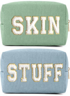 MAGEFY MAGEFY Makeup Bag Corduroy 2 Pcs Cosmetic Bags for Women Preppy Small Makeup Bag with Chenille Letter Patch Makeup Pouch Green+SKIN & Blue+STUFF 
