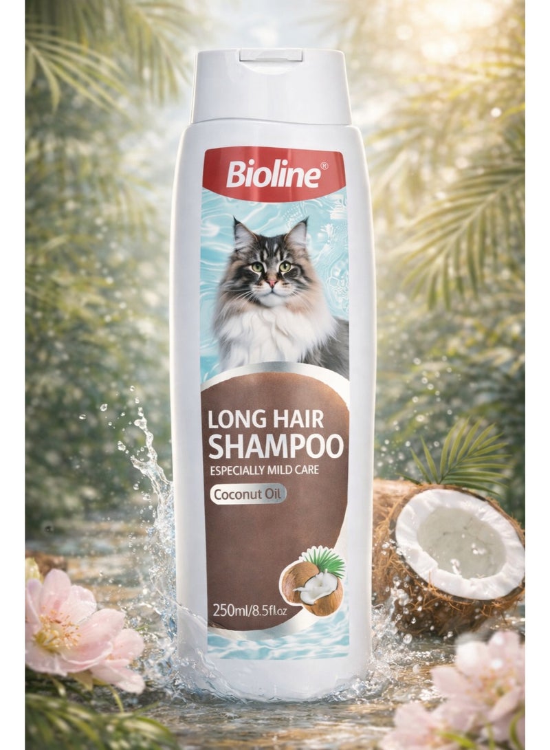 Long Hair Shampoo for Cats 250ml infused with Natural Coconut Oil for Especially Mild Care, Tangle-Free Fur, and Deep Moisturizing for Long-Haired Feline Breeds.