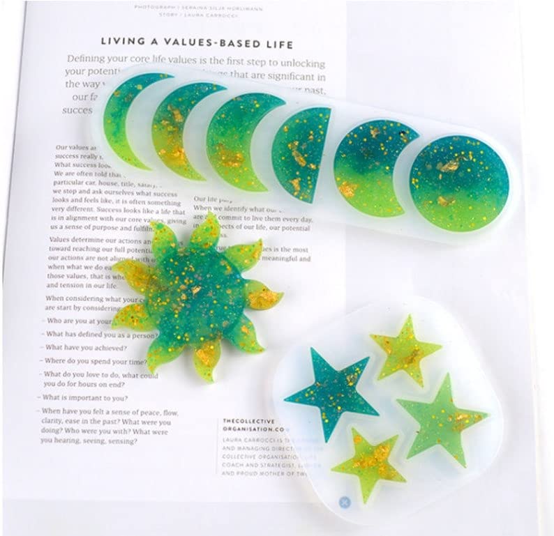 Snoogg قالب سيليكون إبوكسي ريزن SNOOGG 5 قمر 5 مراحل وقمر واحد و4 أنواع من النجوم لمشاريع فن الرزين، DIY، تزيين المنزل - Image 3