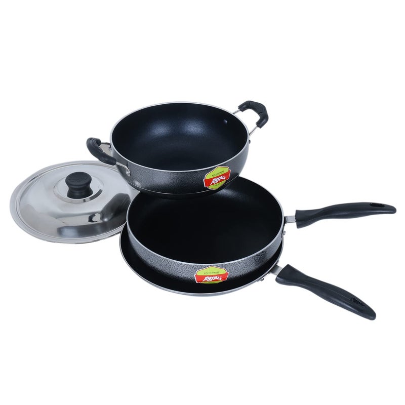 Anjali Vista Nonstick 3Pcs Cookware Gift Set with Bakelite Handle, Dosa Tawa 250mm, Fry Pan 240mm, Kadai with Lid - 2Ltr (Gas Stove and Induction Compatible), PFOA Free