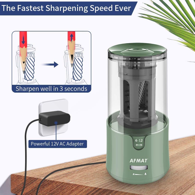 AFMAT PS94 Electric Pencil Sharpener, Auto Stop, Super Sharp & Fast, Electric Pencil Sharpener Plug in for 6-12mm No.2/Colored Pencils/Office/Home - Green - Image 3
