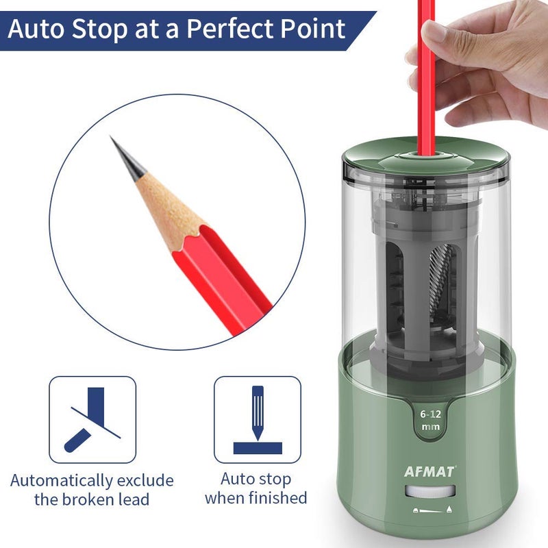 AFMAT PS94 Electric Pencil Sharpener, Auto Stop, Super Sharp & Fast, Electric Pencil Sharpener Plug in for 6-12mm No.2/Colored Pencils/Office/Home - Green - Image 4