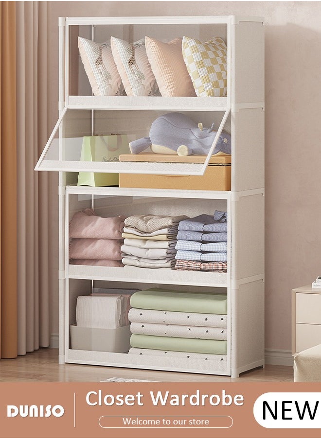DUNISO Portable Fabric Wardrobe, Large Capacity Dust Prevention Wardrobe Closet Organizer with 4 Storage Shelves, Clothes Storage Cabinet with Clear Dust Cover, Closet Organizer with Metal Frame for Bedroom Living Room  - Image 1