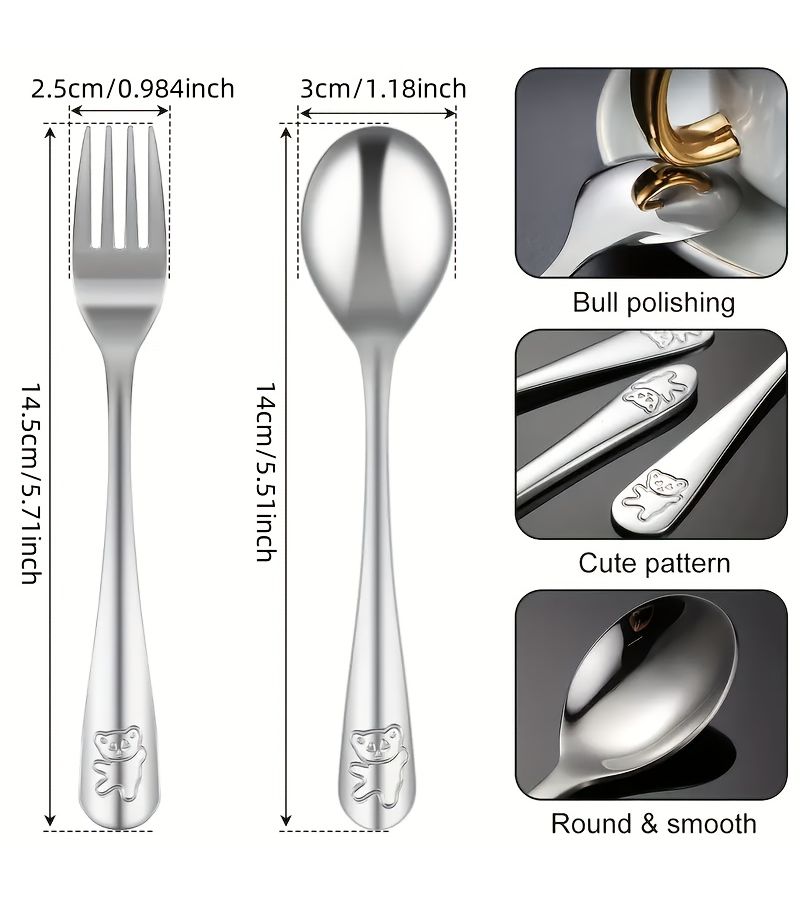 2 Piece Bear Pattern 410 Stainless Steel Fork And Spoon Set Dishwasher Safe - Image 3