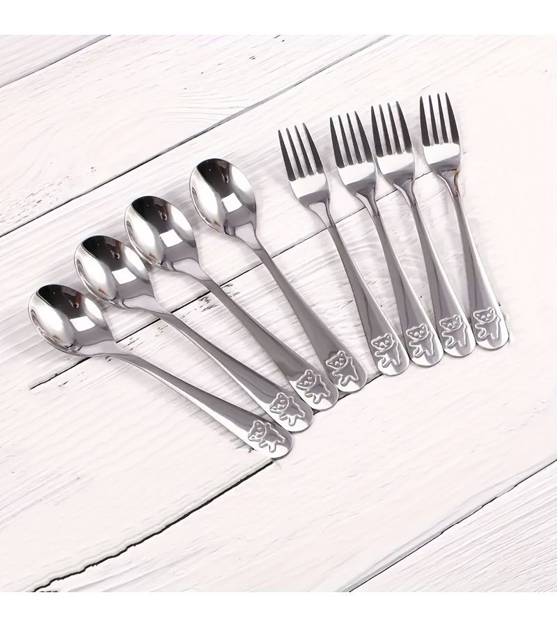 2 Piece Bear Pattern 410 Stainless Steel Fork And Spoon Set Dishwasher Safe - Image 1
