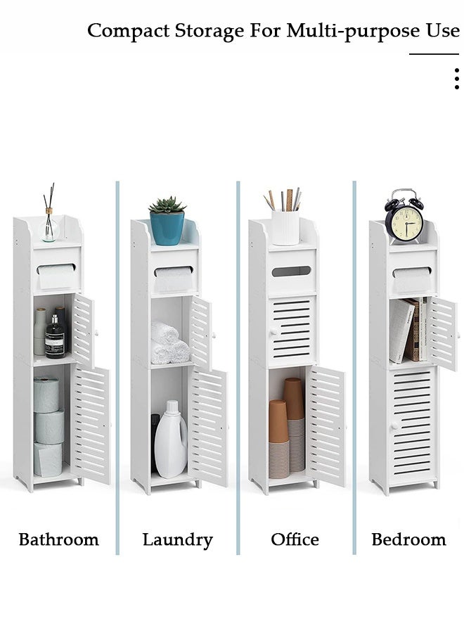 DUNISO خزانة تخزين لحامل ورق الحمام، للمساحات الصغيرة، خزانة حمام رفيعة لتخزين الزاوية، خزانة ورق رفيعة مع أبواب - Image 5