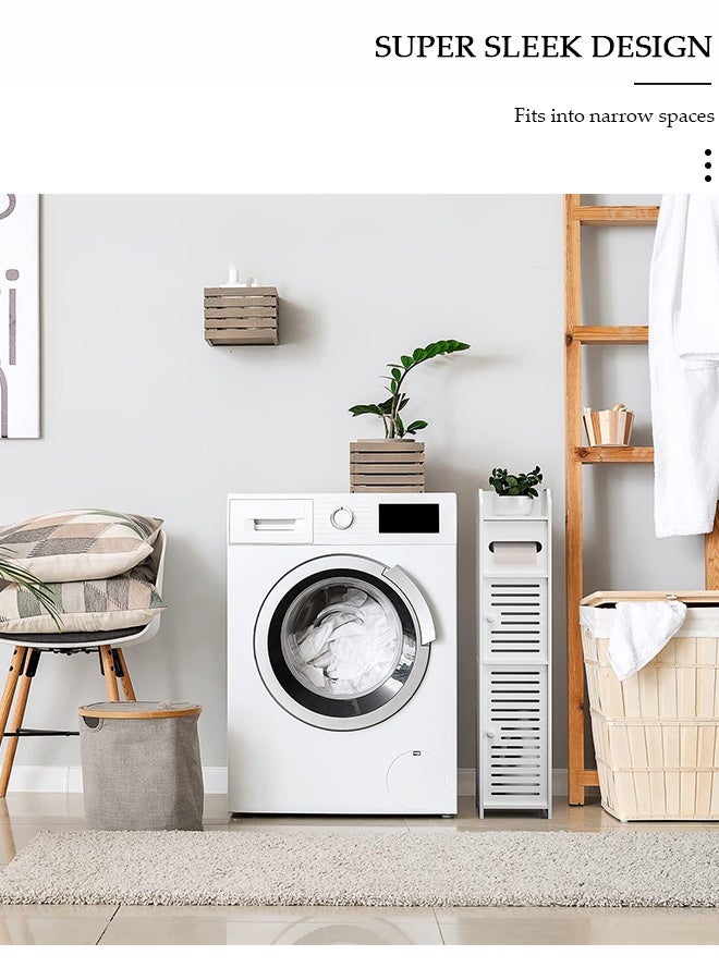 DUNISO خزانة تخزين لحامل ورق الحمام، للمساحات الصغيرة، خزانة حمام رفيعة لتخزين الزاوية، خزانة ورق رفيعة مع أبواب - Image 4