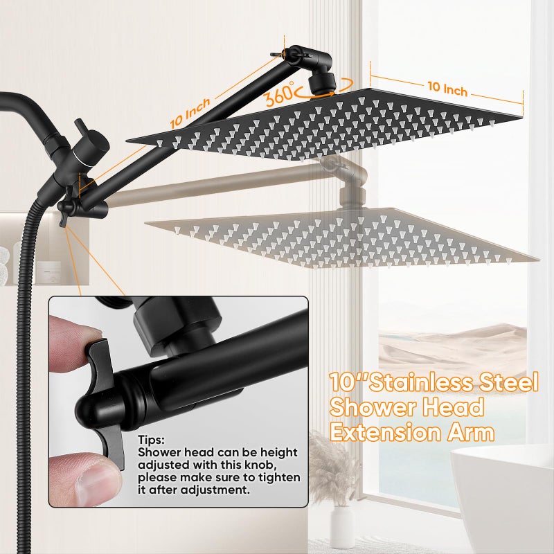 OWOFAN Shower Head Black 10 Inch High Pressure Rain Shower Head with Handheld Spray Combo Adjustable Dual Rainfall Shower Head - Showerhead Comb Set with Extension Arm - 60 Inch Long Shower Hose - Image 5