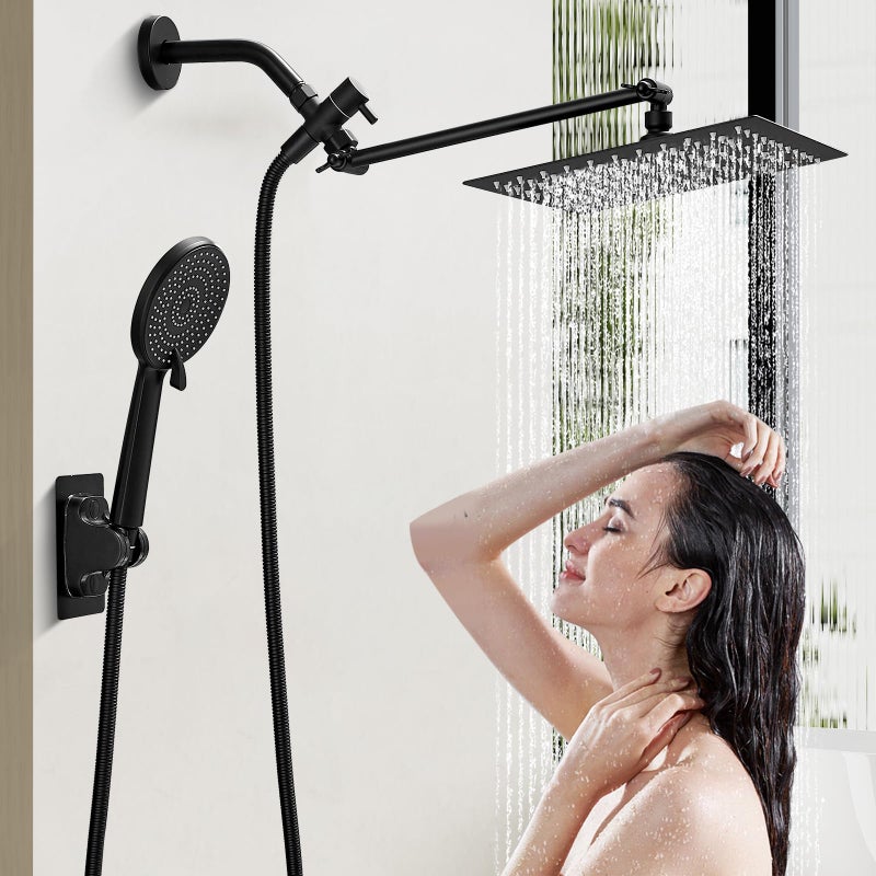 OWOFAN Shower Head Black 10 Inch High Pressure Rain Shower Head with Handheld Spray Combo Adjustable Dual Rainfall Shower Head - Showerhead Comb Set with Extension Arm - 60 Inch Long Shower Hose - Image 2