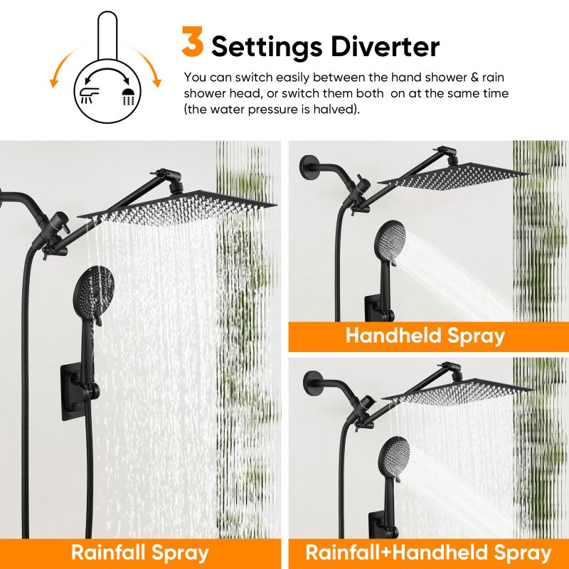 OWOFAN Shower Head Black 10 Inch High Pressure Rain Shower Head with Handheld Spray Combo Adjustable Dual Rainfall Shower Head - Showerhead Comb Set with Extension Arm - 60 Inch Long Shower Hose - Image 3