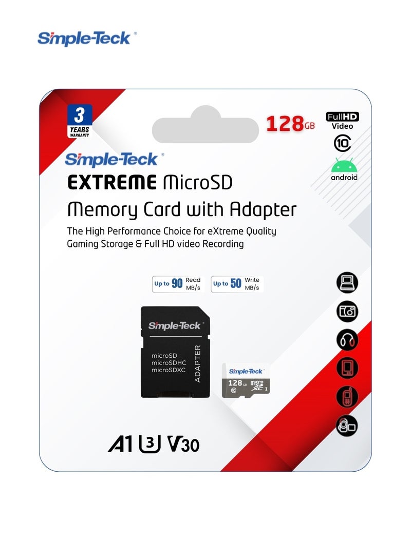 بطاقة ذاكرة Simple-Teck EXTREME بسعة 128 جيجابايت (microSD) من الفئة UHS-I U3 V30 A1 | سرعة قراءة تصل إلى 90 ميجابايت/ثانية وسرعة كتابة 50 ميجابايت/ثانية | مناسبة لتخزين مقاطع الفيديو بدقة Full HD والألعاب | تتضمن محول SD - Image 1