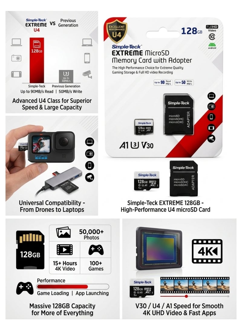بطاقة ذاكرة Simple-Teck EXTREME بسعة 128 جيجابايت (microSD) من الفئة UHS-I U3 V30 A1 | سرعة قراءة تصل إلى 90 ميجابايت/ثانية وسرعة كتابة 50 ميجابايت/ثانية | مناسبة لتخزين مقاطع الفيديو بدقة Full HD والألعاب | تتضمن محول SD - Image 2