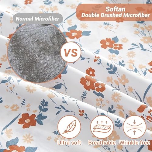 Softan Floral Full Sheet Set, Orange Flower Printed Bed Sheets - 4 Piece Soft Microfiber Patterned Fitted Sheets with 15" Deep Pocket & Non-Slip Straps, Summer Cooling Sheets & Pillowcase Set - Image 3