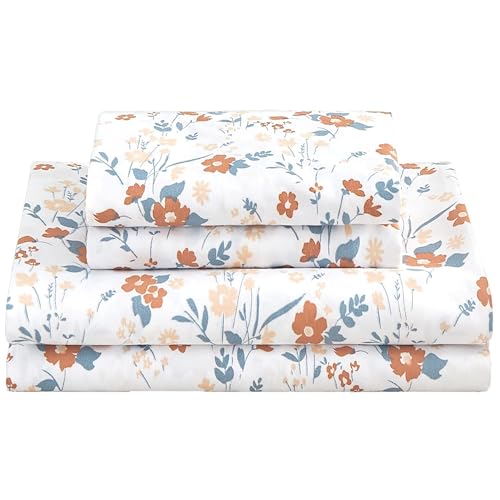 Softan Floral Full Sheet Set, Orange Flower Printed Bed Sheets - 4 Piece Soft Microfiber Patterned Fitted Sheets with 15" Deep Pocket & Non-Slip Straps, Summer Cooling Sheets & Pillowcase Set - Image 1