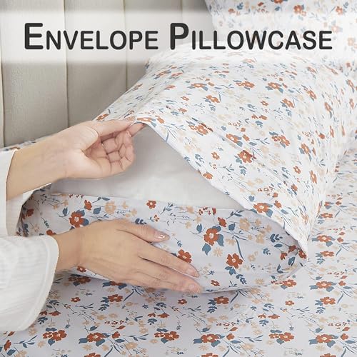 Softan Floral Full Sheet Set, Orange Flower Printed Bed Sheets - 4 Piece Soft Microfiber Patterned Fitted Sheets with 15" Deep Pocket & Non-Slip Straps, Summer Cooling Sheets & Pillowcase Set - Image 5