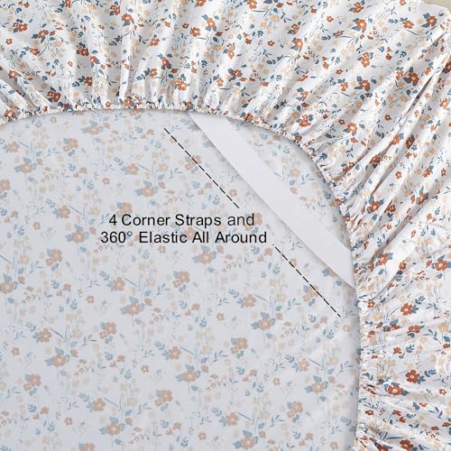Softan Floral Full Sheet Set, Orange Flower Printed Bed Sheets - 4 Piece Soft Microfiber Patterned Fitted Sheets with 15" Deep Pocket & Non-Slip Straps, Summer Cooling Sheets & Pillowcase Set - Image 2