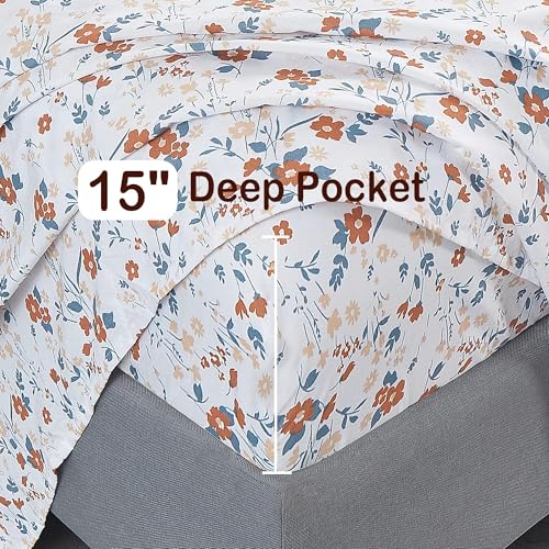 Softan Floral Full Sheet Set, Orange Flower Printed Bed Sheets - 4 Piece Soft Microfiber Patterned Fitted Sheets with 15" Deep Pocket & Non-Slip Straps, Summer Cooling Sheets & Pillowcase Set - Image 4