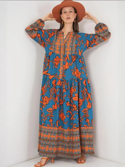 BIG DART BDART Printed V-Neck Maxi Dress with Button Closure