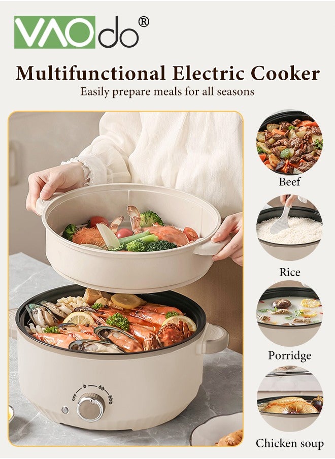 VAOdo - 4.6L Non-Stick Electric Skillet and Frying Pan with Steamer, 1000W Power with Dry Protection, 3 Levels Adjustable Temperature Control Electric Cooking Pot, Tempered Glass Lid with Vent and Cool Touch Handles - Image 1