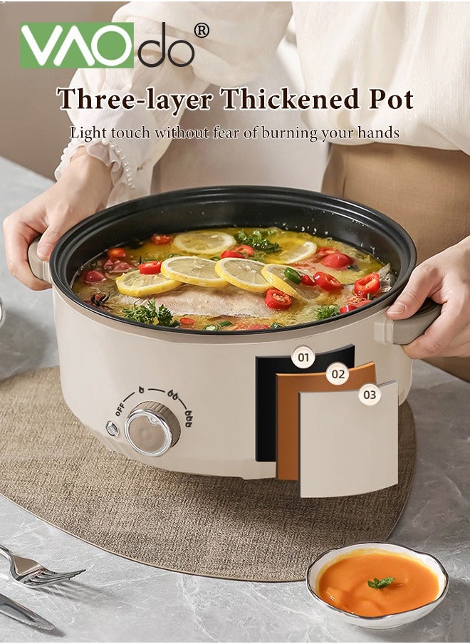 VAOdo - 4.6L Non-Stick Electric Skillet and Frying Pan with Steamer, 1000W Power with Dry Protection, 3 Levels Adjustable Temperature Control Electric Cooking Pot, Tempered Glass Lid with Vent and Cool Touch Handles - Image 1