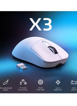 ماوس ألعاب لاسلكي خفيف الوزن X3 مع وضع ثلاثي 2.4G/USB-C سلكي/بلوتوث، حتى 26 ألف نقطة في البوصة، مستشعر بصري PAW3395، 5 أزرار قابلة للبرمجة للكمبيوتر الشخصي/الكمبيوتر المحمول/Win/Mac - view 2