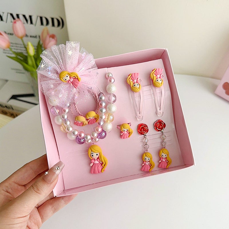 Generic Kids Jewelry Set Princess Necklace Earrings Ring Gift Box F8129-5# yellow princess nine-piece boxed