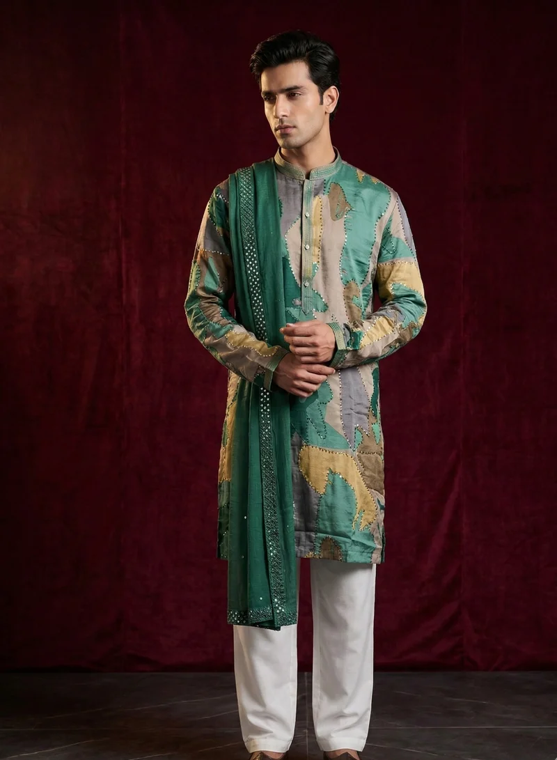 Lehar Men's Abstract Patchwork Kurta Set with Embellished Dupatta