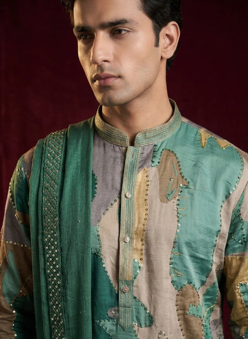 Lehar Men's Abstract Patchwork Kurta Set with Embellished Dupatta