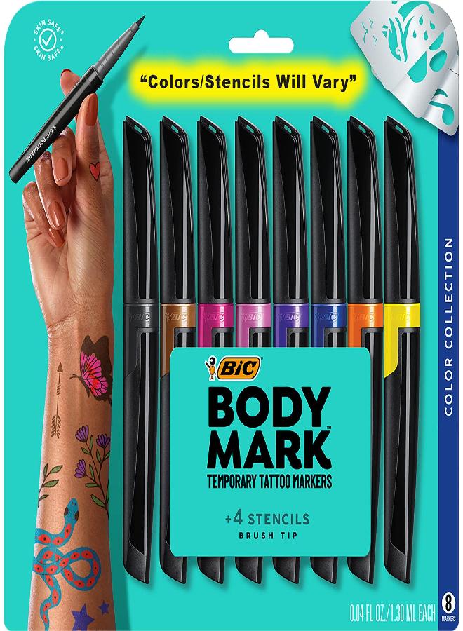 BIC BodyMark Temporary Tattoo Markers for Skin (MTBP81-AST), Color Collection, Flexible Brush Tip, 8-Count Pack of Assorted Colors, Skin-Safe*, Cosmetic Quality - Image 1