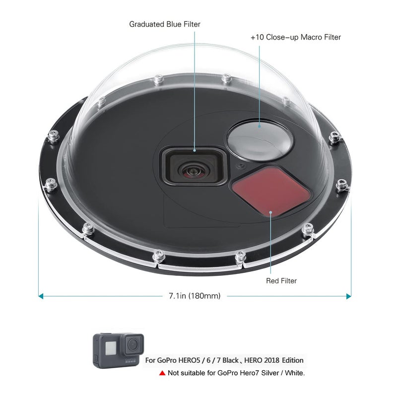 SOONSUN Waterproof Dome Port for GoPro Hero 5 Black Hero 6 Black Hero 7 Black Hero (2018) Camera, Underwater Dome Housing with Filters for GoPro Hero 5 6 7 Black, Built-in Red and 10x Close-up Filters - Image 2