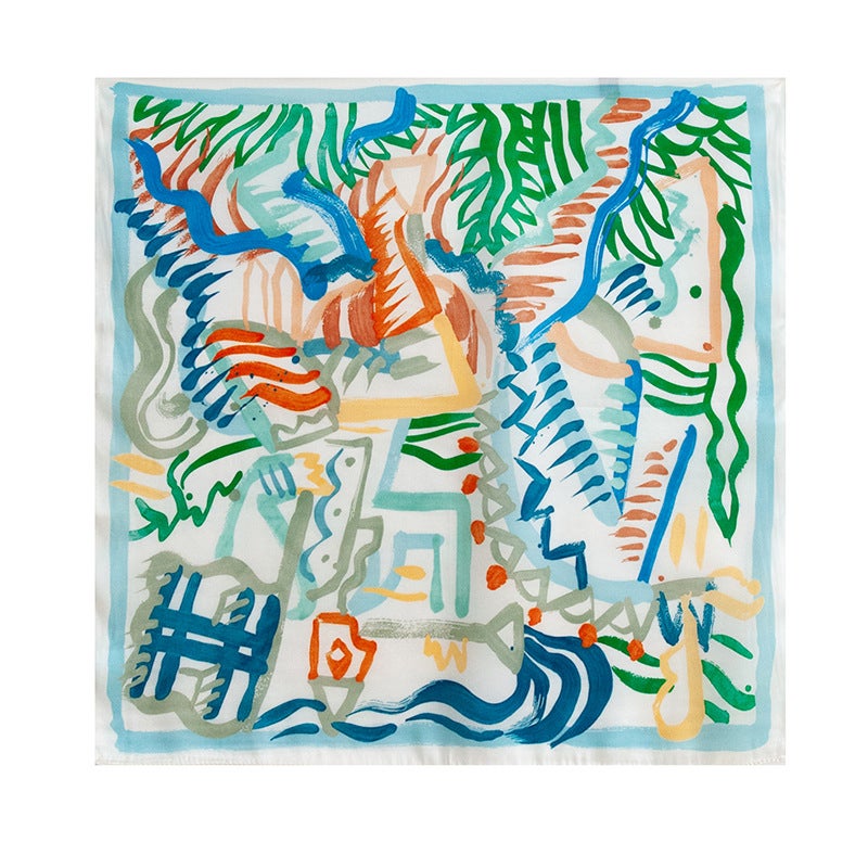 Summer Silk Scarf 100 Real Silk Scarf Green Graffiti Print Square Scarf Neck All-match New Style High-end Small Square Scarf Fhz25-9743 -1 children's graffiti green
